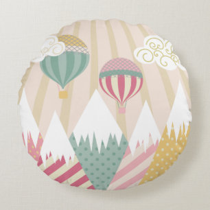 Pink Hot Air Balloon and Mountain Scene Round Pillow