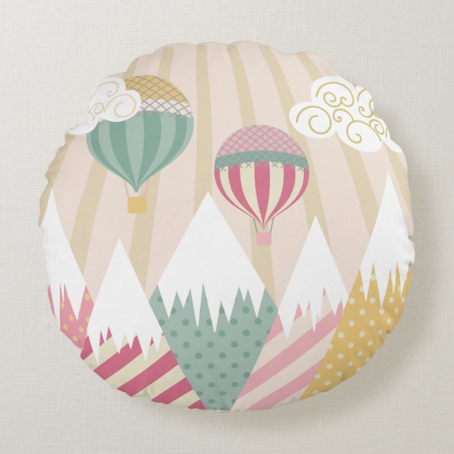 Pink Hot Air Balloon and Mountain Scene Round Pillow (Front)