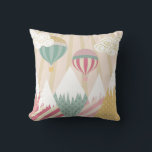 Pink Hot Air Balloon and Mountain Scene Throw Pillow<br><div class="desc">Cute pink,  blue and yellow hot air balloon scene over snowy mountains</div>