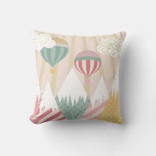 Pink Hot Air Balloon and Mountain Scene Throw Pillow