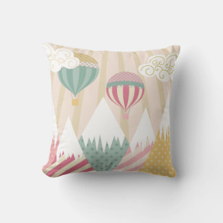 Pink Hot Air Balloon and Mountain Scene Throw Pillow