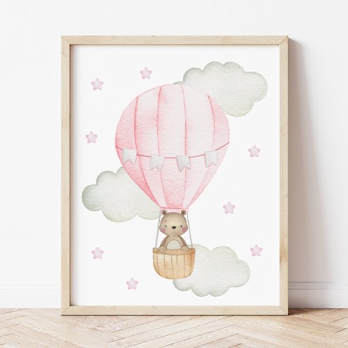 Pink Hot Air Balloon Animals Bear Girl Nursery Poster