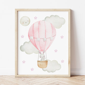 Pink Hot Air Balloon, Animals, Bunny, Girl Nursery Poster