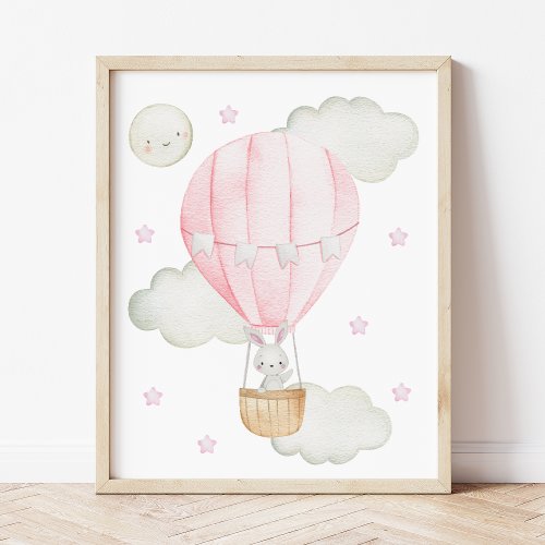 Pink Hot Air Balloon Animals Bunny Girl Nursery Poster