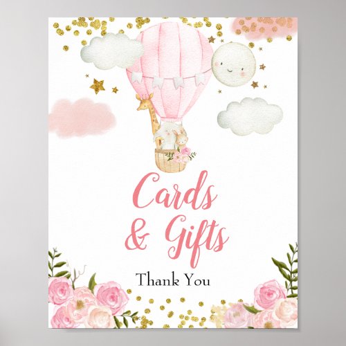 Pink Hot Air Balloon Animals Cards  Gifts Floral Poster