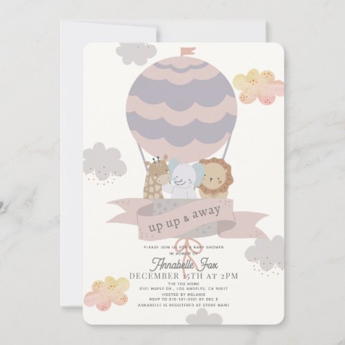 Pink Hot Air Balloon Animals Girl Baby Shower Invitation