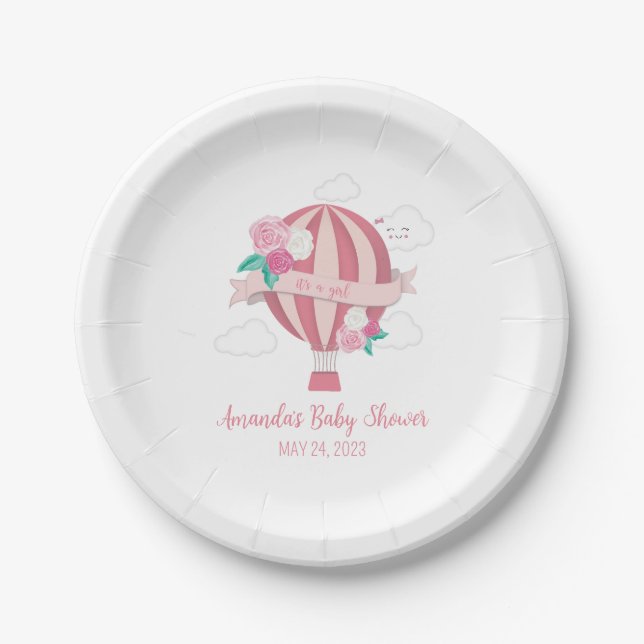Pink Hot Air Balloon Baby Girl Shower Paper Plates (Front)