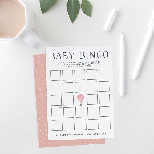 Pink Hot Air Balloon  Baby Shower Bingo Game Card