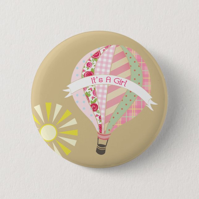 Pink Hot Air Balloon Baby Shower Button (Front)