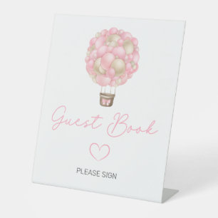 Pink Hot Air Balloon Baby Shower Guest Book Pedestal Sign