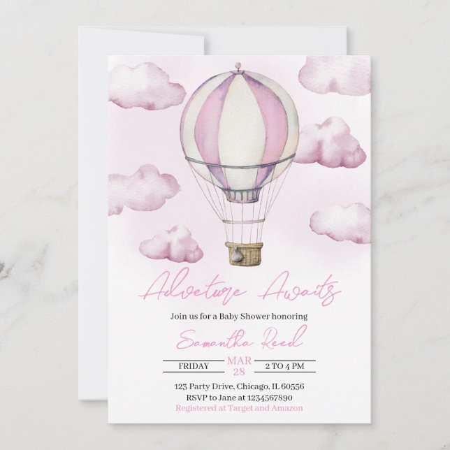 Pink Hot Air Balloon Baby Shower Invitation (Front)