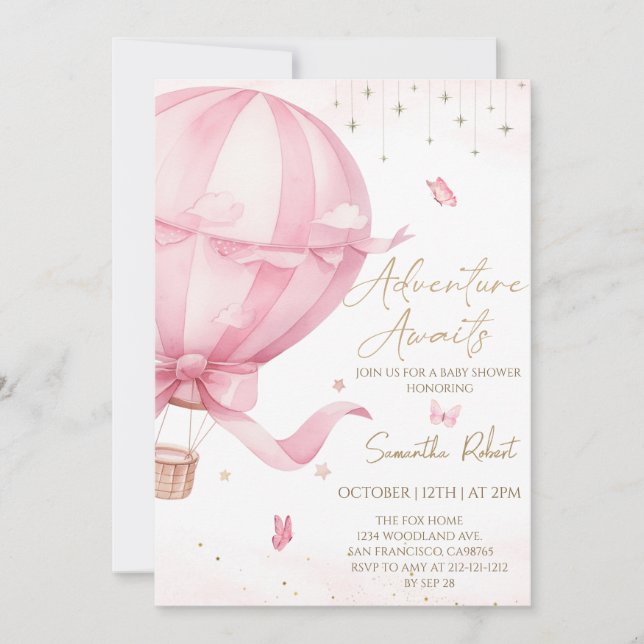 Pink Hot Air Balloon Baby Shower Invitation (Front)