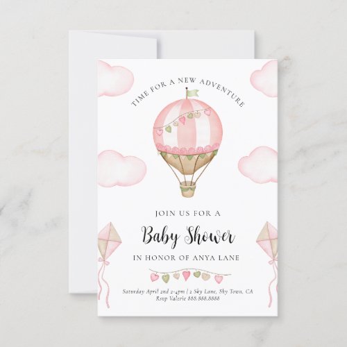 Pink Hot Air Balloon Baby Shower Invitation Girl