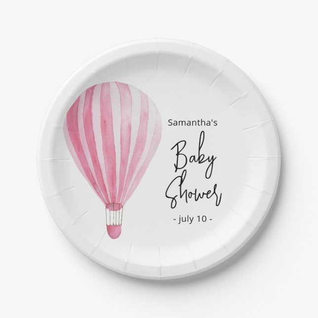 Pink hot air balloon Baby shower Paper Plates (Front)