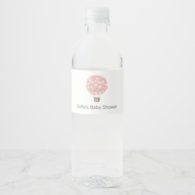 Pink Hot Air Balloon Baby Shower Water Bottle Label (Front)