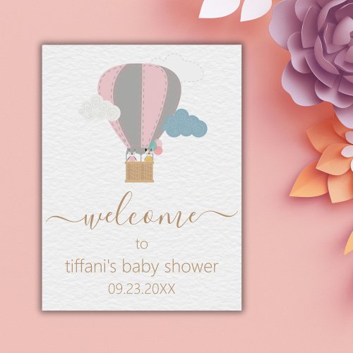 Pink Hot Air Balloon Baby Shower Welcome Poster