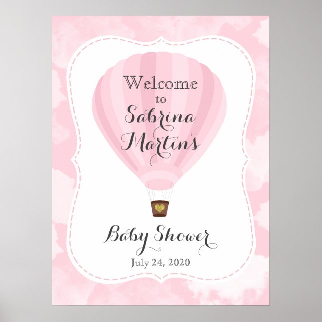 Pink Hot Air Balloon Baby Shower Welcome Sign (Front)