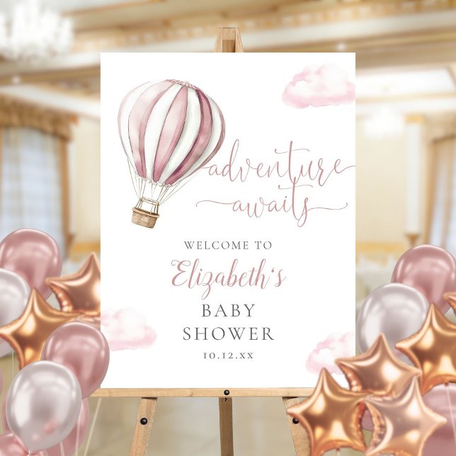 Pink Hot Air Balloon Baby Shower Welcome Sign (Pink Hot Air Balloon Baby Shower Welcome Sign)