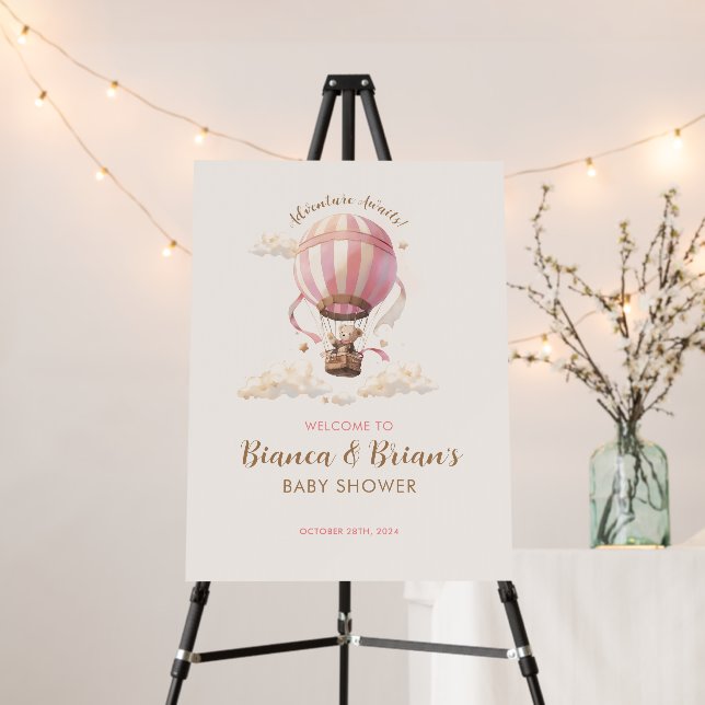 Pink Hot Air Balloon Baby Shower Welcome Sign (In Situ (Stand))