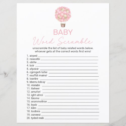 Pink Hot Air Balloon Baby Shower Word Scramble