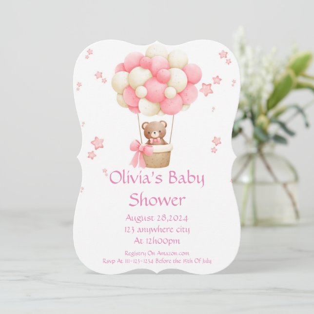 Pink Hot Air Balloon Bear Baby Shower Invitation (Standing Front)