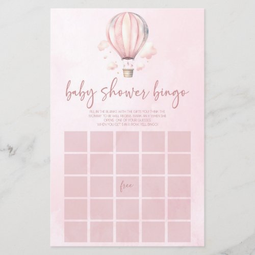 Pink Hot Air Balloon Bingo Baby Shower Game