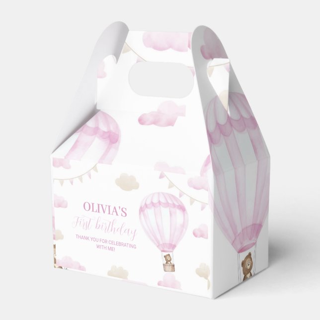 Pink Hot Air Balloon Birthday Favor Box (Front Side)