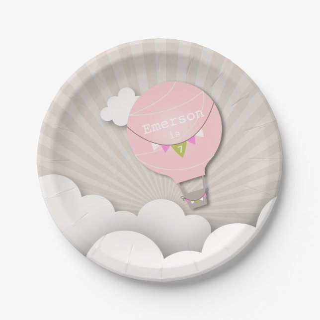 Pink Hot Air Balloon Birthday Paper Plates (Front)