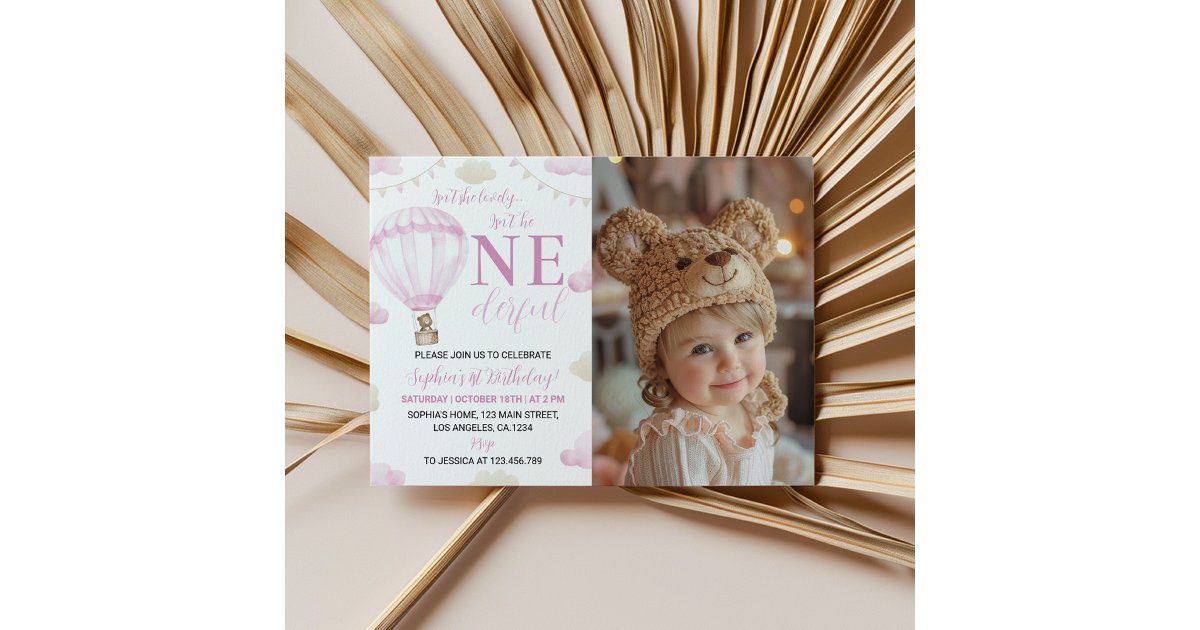 Pink Hot Air Balloon Birthday Photo Invitation | Zazzle