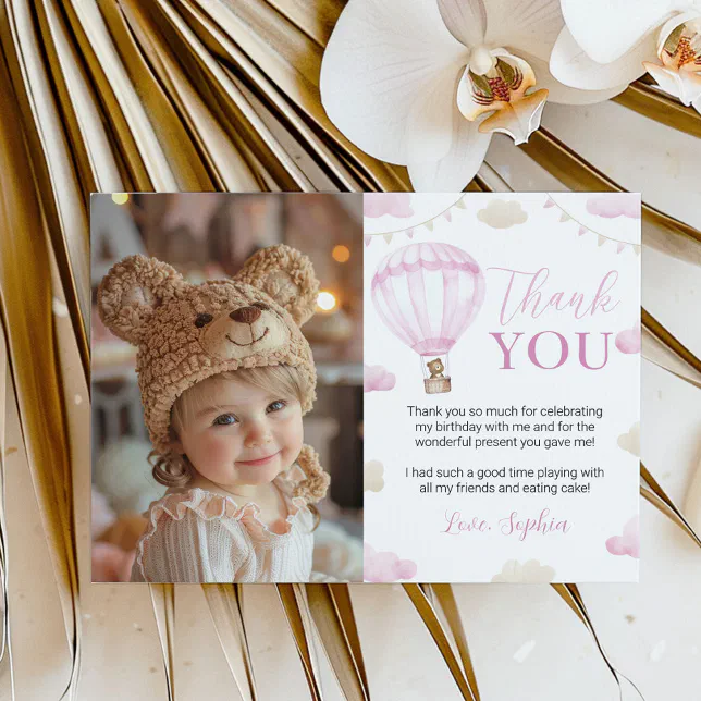 Pink Hot Air Balloon Birthday Photo Thank You Card | Zazzle
