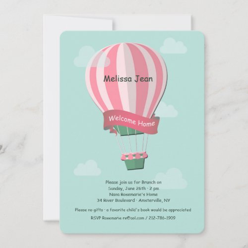 Pink Hot Air Balloon Blue Background Invitation