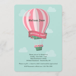 Pink Hot Air Balloon Blue Background Invitation