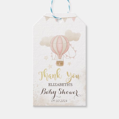 Pink Hot Air Balloon Clouds Baby Shower Gift Tags