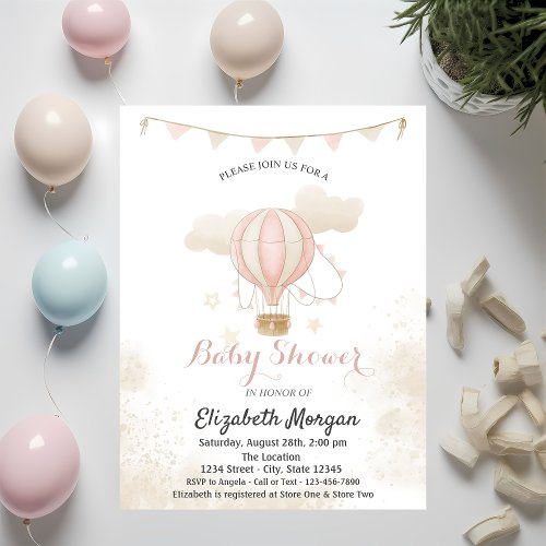 Pink Hot Air Balloon Clouds Baby Shower Invitation