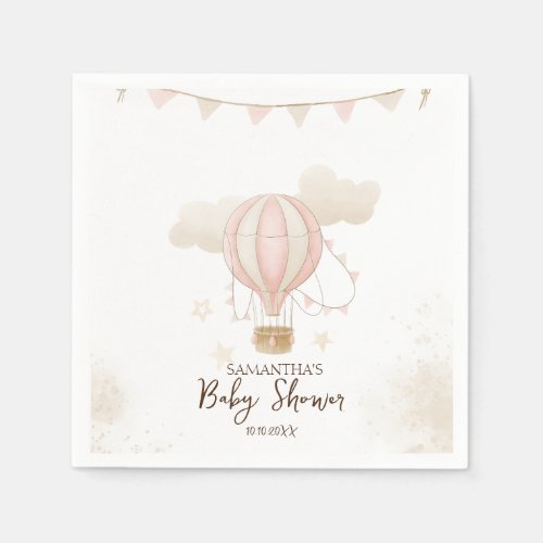 Pink Hot Air Balloon Clouds Baby Shower Napkins