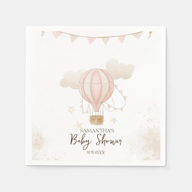 Pink Hot Air Balloon Clouds Baby Shower Napkins (Front)