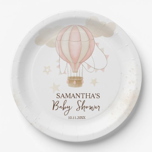 Pink Hot Air Balloon Clouds Baby Shower Paper Plates