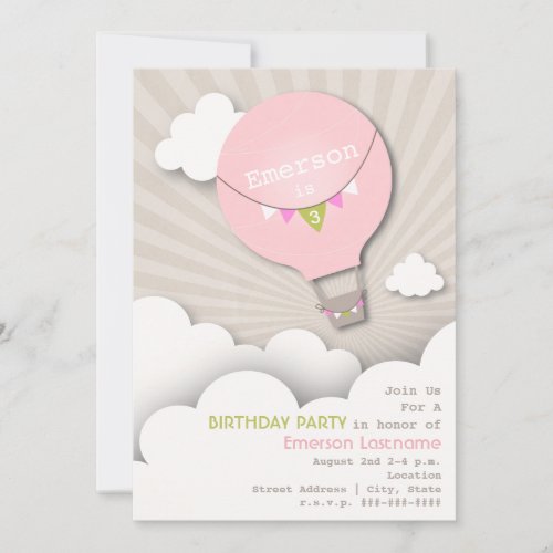 Pink Hot Air Balloon  Clouds Girls Birthday Invitation