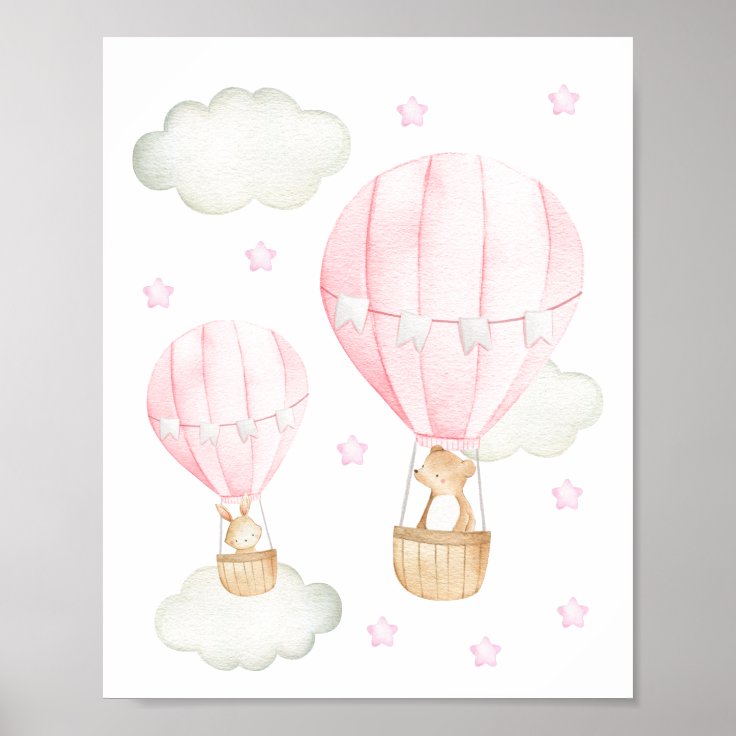Pink Hot Air Balloon, Cute Animals, Girl Nursery Poster | Zazzle