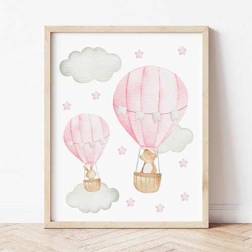 Pink Hot Air Balloon Cute Animals Girl Nursery Poster