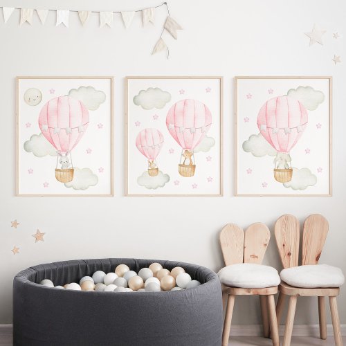 Pink Hot Air Balloon Cute Animals Girl Nursery Wall Art Sets