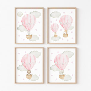 Pink Hot Air Balloon, Cute Animals, Girl Nursery Wall Art Sets