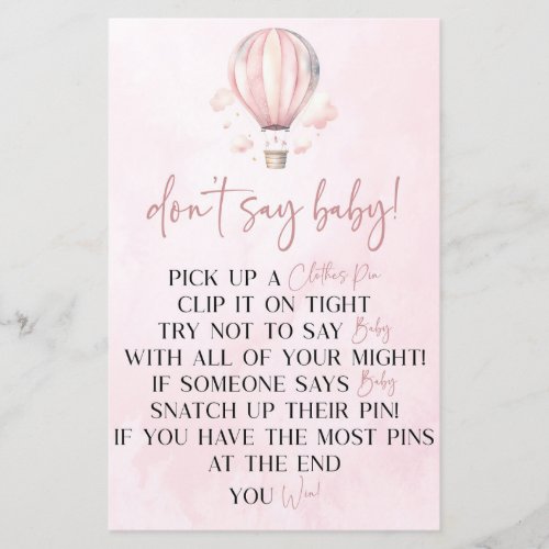 Pink Hot Air Balloon Dont Say Baby Shower Game