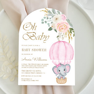Pink Hot Air Balloon Elephant Arch Baby Shower Invitation