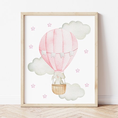 Pink Hot Air Balloon Elephant Star Girl Nursery Poster