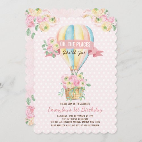 Pink Hot Air Balloon Floral Adventure Birthday Invitation