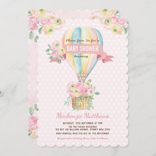 Pink Hot Air Balloon Floral Baby Girl Shower Invitation