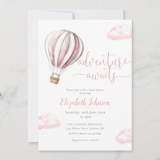 Pink Hot Air Balloon Girl All In One Baby Shower Invitation (Front)