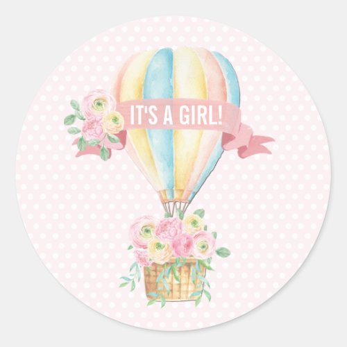 Pink Hot Air Balloon Girl Baby Shower Adventure Classic Round Sticker