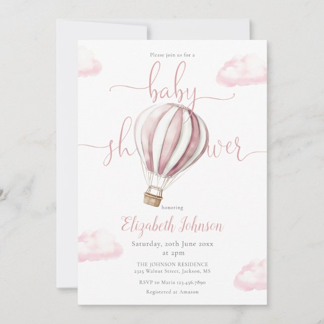 Pink Hot Air Balloon Girl Baby Shower Invitation (Front)